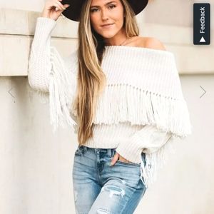 Off the shoulder fringe sweater